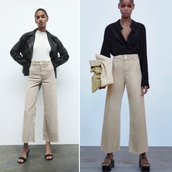 Zara The Marine Wide Leg Jeans 8 Tan Denim Stretch Casual High Rise Minimalist - Picture 3 of 12